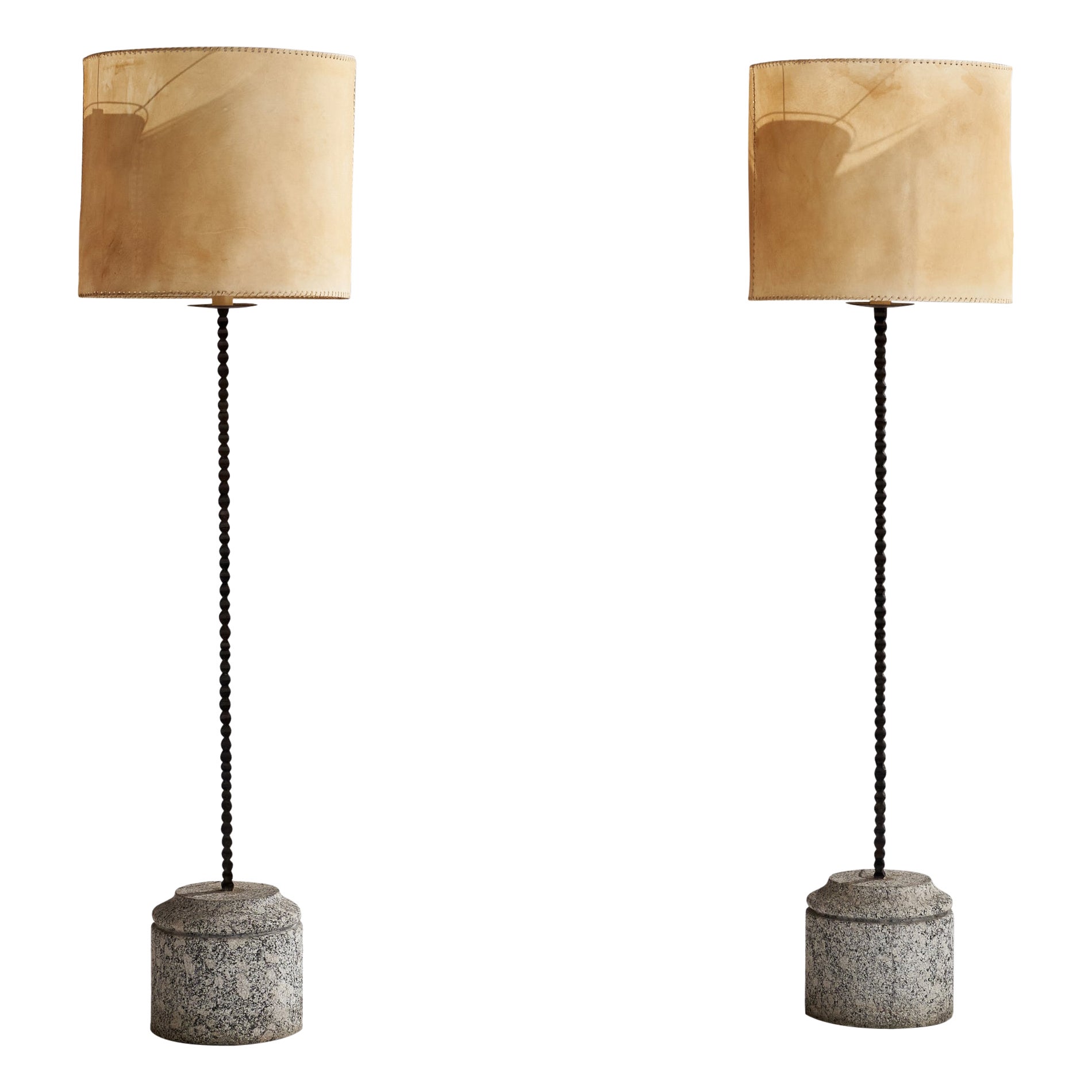 Italian Designer, Floor Lamps, Iron, Granite, Goat Parchment, Italy, 1950s For Sale