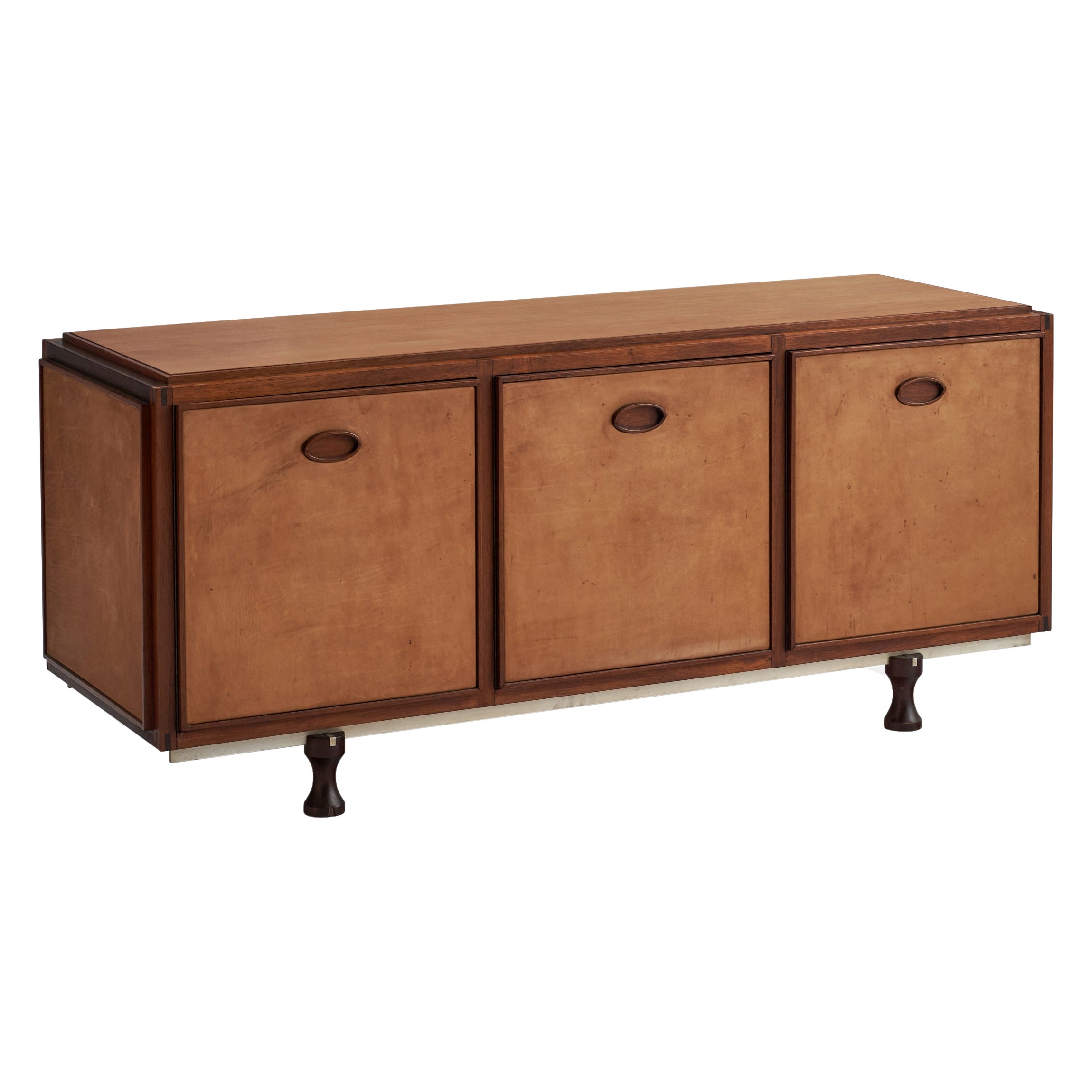 Gianfranco Frattini, Unique Sideboard, Rosewood, Leather, Steel, Italy, 1950s For Sale