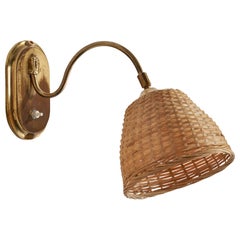 Vintage AJH, Wall Light, Brass, Rattan, Sweden, 1940s