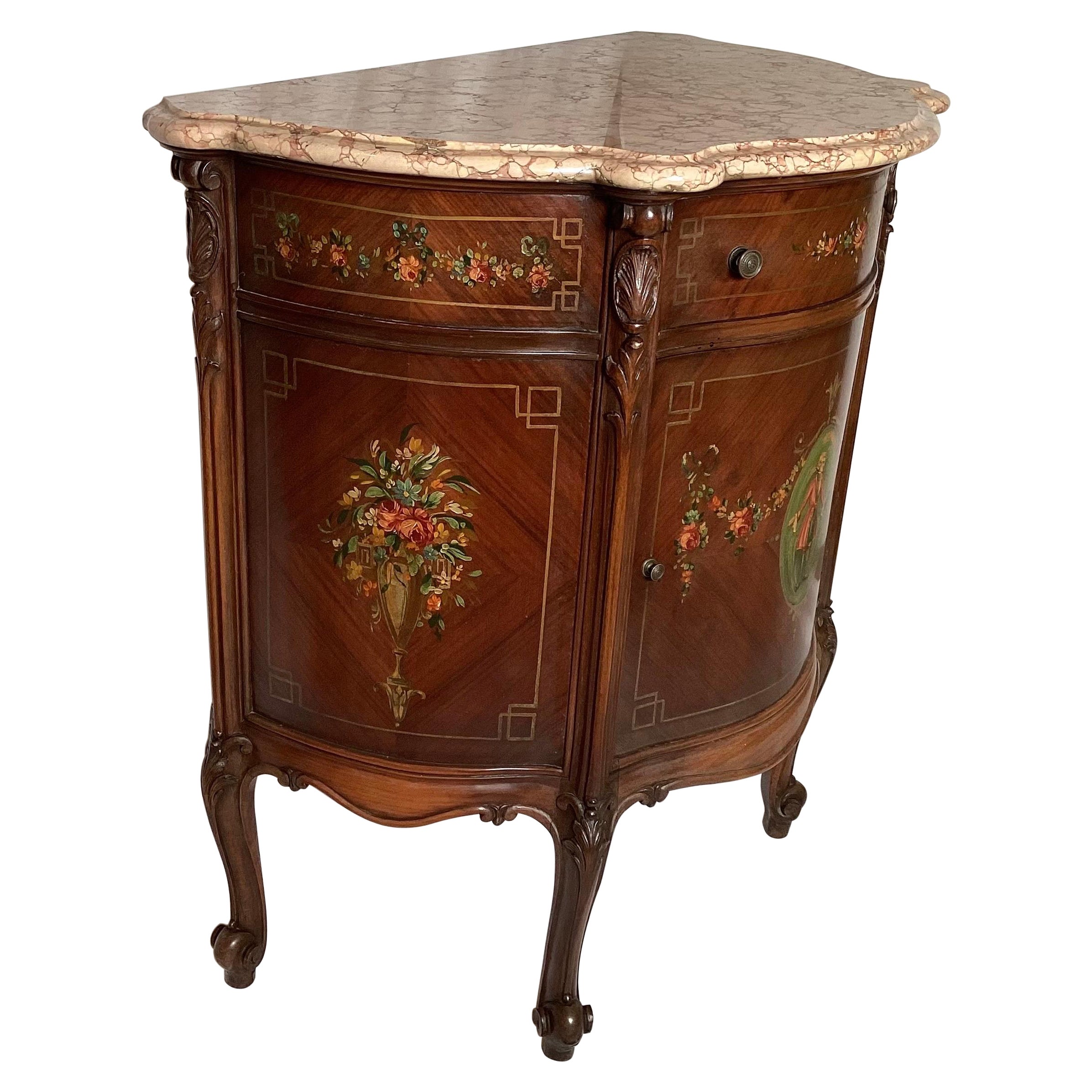 Adams Style Paint Decorated Commode Cabinet With Pink Marble Top For Sale