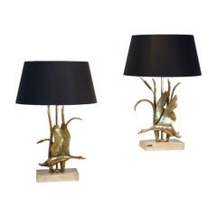 Sculptural Travertine and Gilt Metal Wild Duck Table Lamps by Lanciotto Galeotti