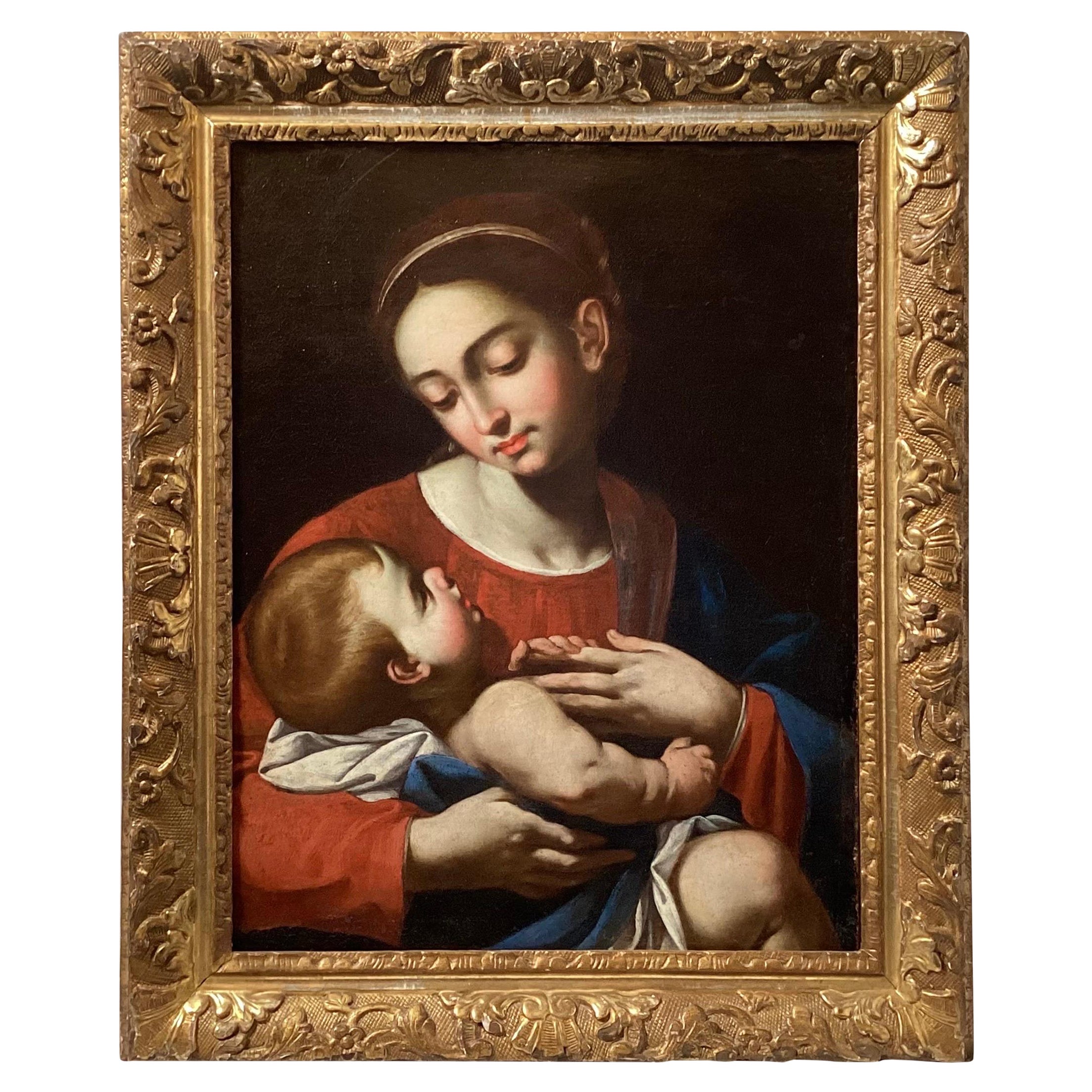 Peinture à l'huile de la Madonna et de l'enfant du 17e siècle, d'origine italienne et de maître ancien