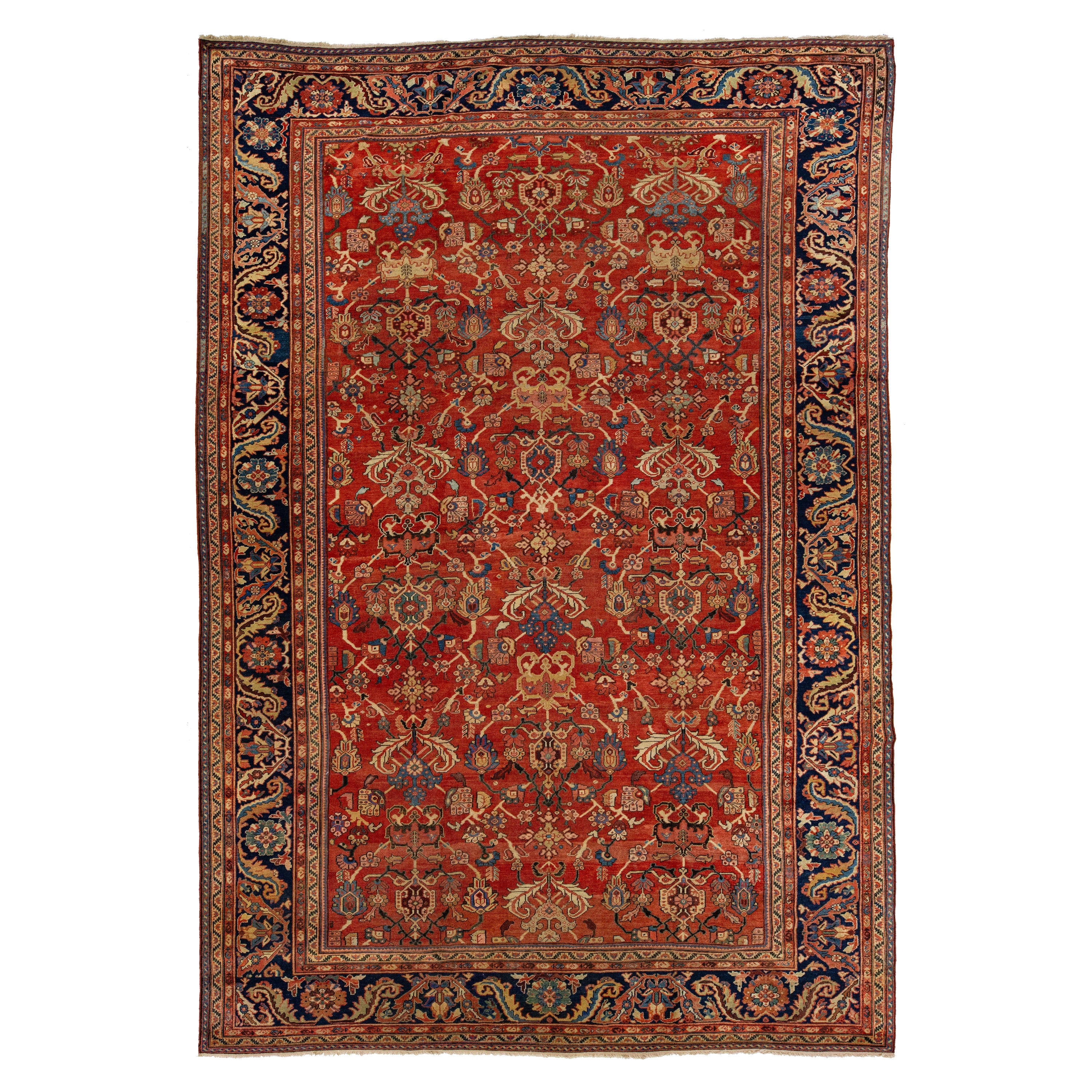 1880s Antique Floral Persian Sultanabad Wool Rug In Red For Sale