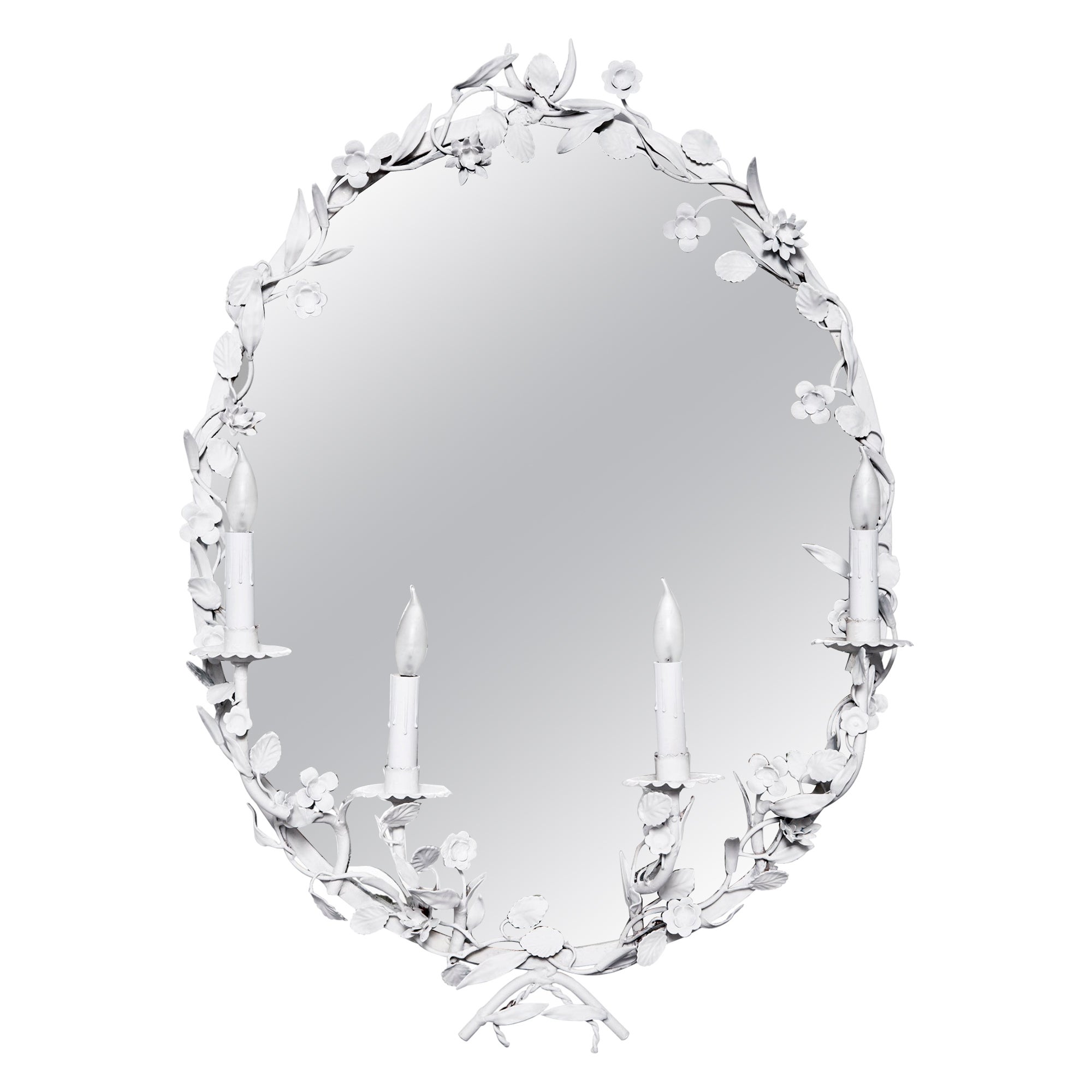 White Oval Metal Floral Mirror Sconce For Sale