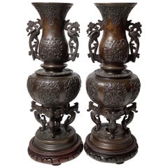Antique A Pair of Patinated Bronze Meiji Period Figural Tall Vases 