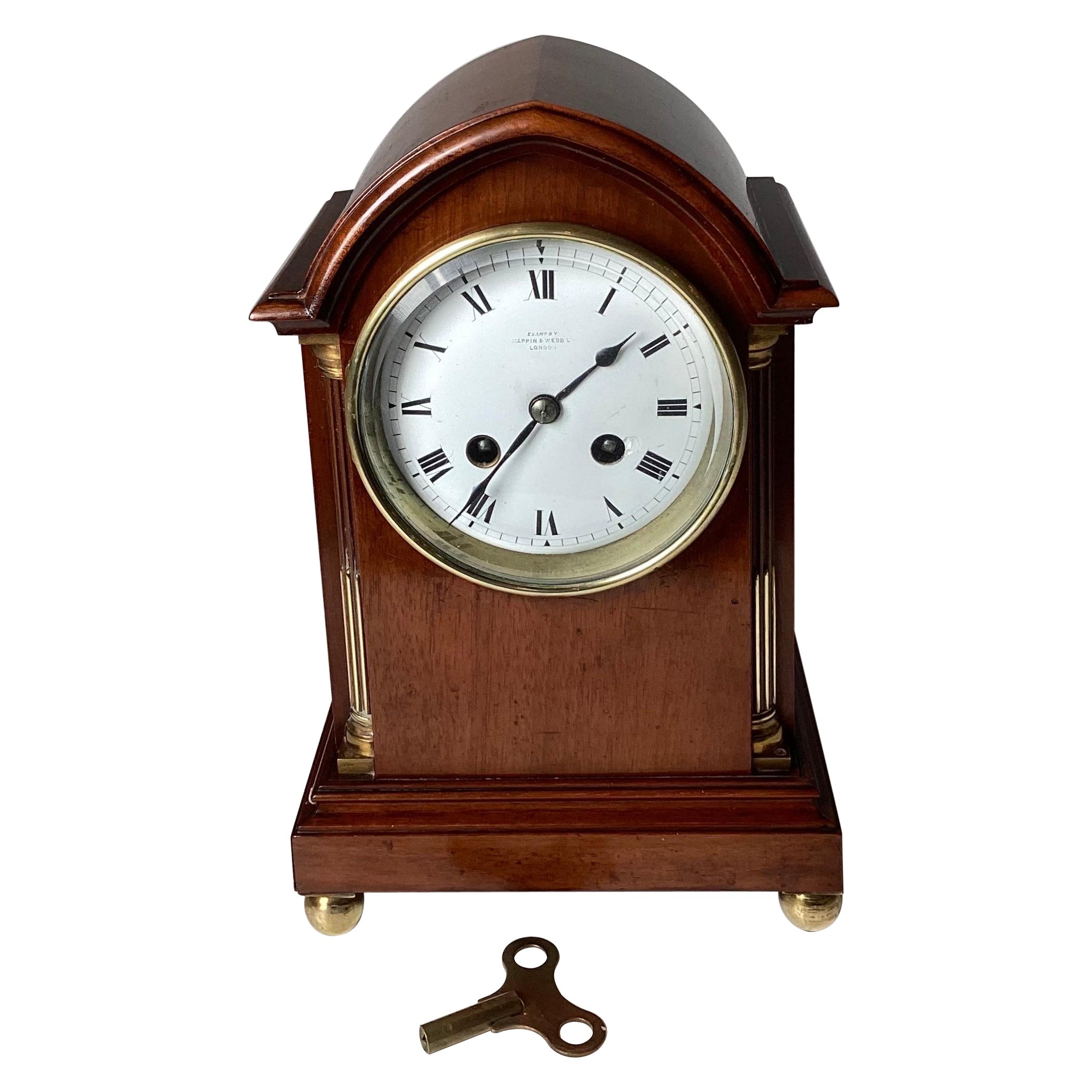 A Diminutive French Mahogany Mantel Clock, Retailed by Mappin & Webb, 19th Cent. For Sale