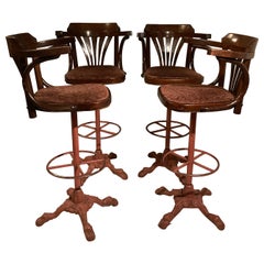 Antique 4 1920s  Wood Swivel Chairs On Cast Iron Bases