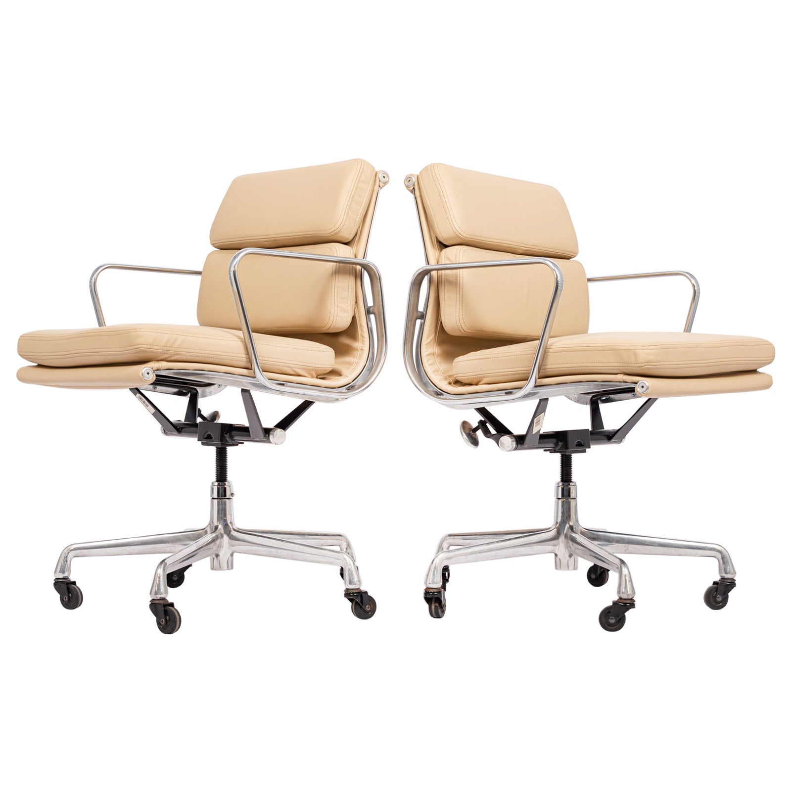 Pair Mid Century Cream Leather Office Chairs by Eames for Herman Miller