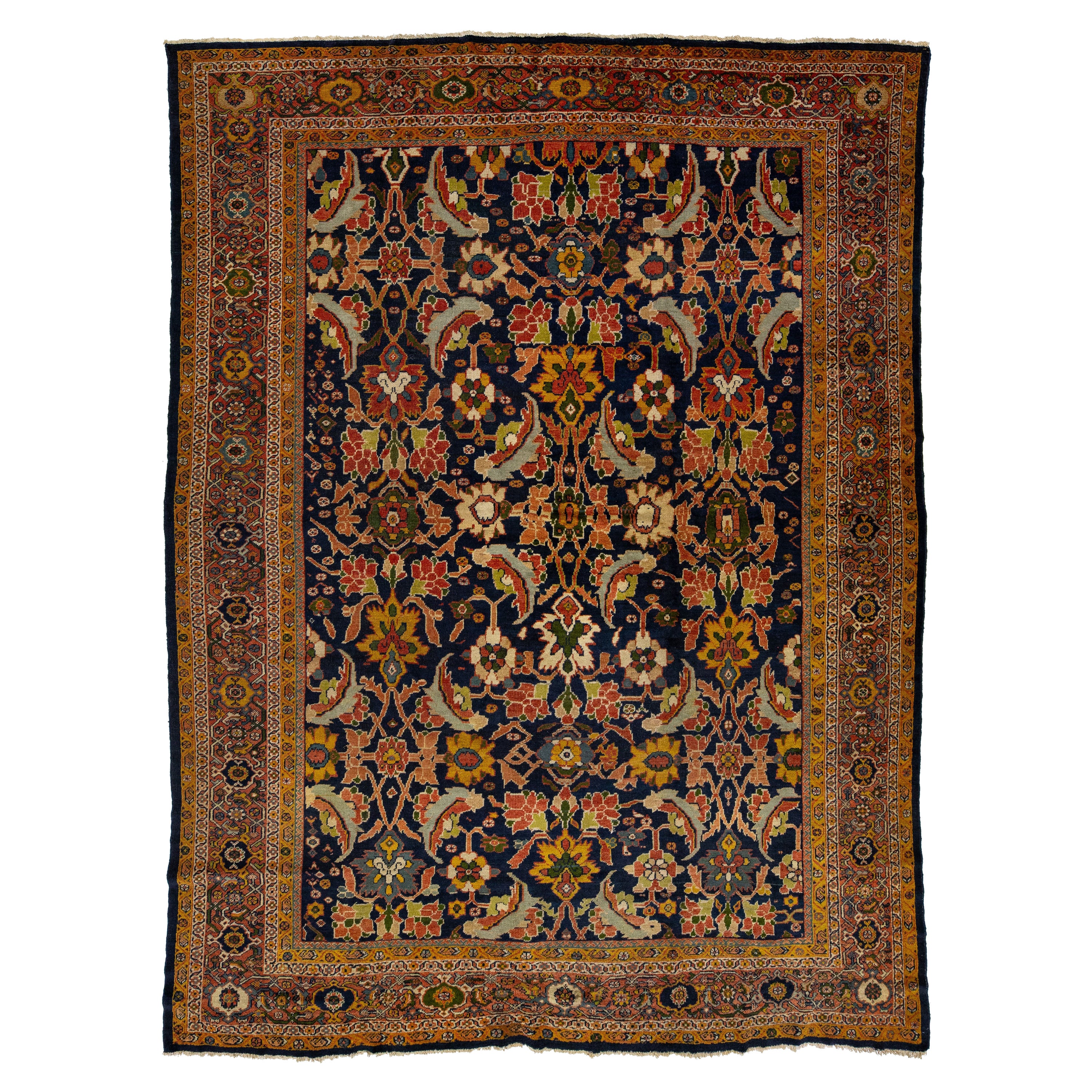Blue Antique Persian Sultanabad Wool Rug From the 1880s With Floral Motif For Sale