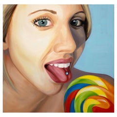 Peinture acrylique sur toile Girl With Lollipop signée Michelle Tanguay, 2012
