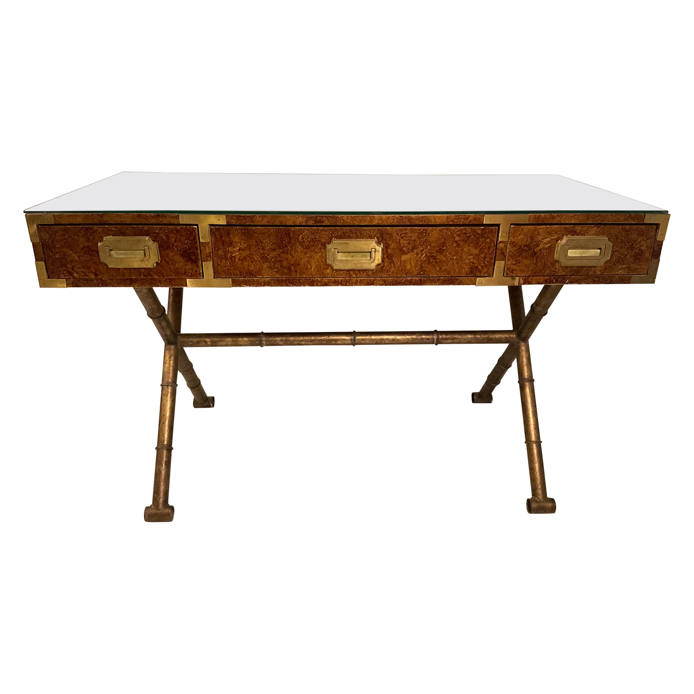 Campaign Desk On Faux Bamboo Metal Base With Brass Hardware For Sale