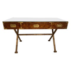 Used Campaign Desk On Faux Bamboo Metal Base With Brass Hardware