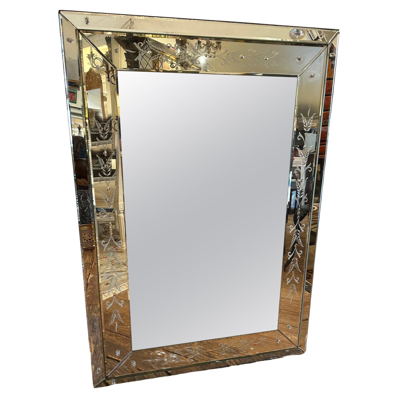 Lovely Rectangular Vintage Etched Mirror For Sale