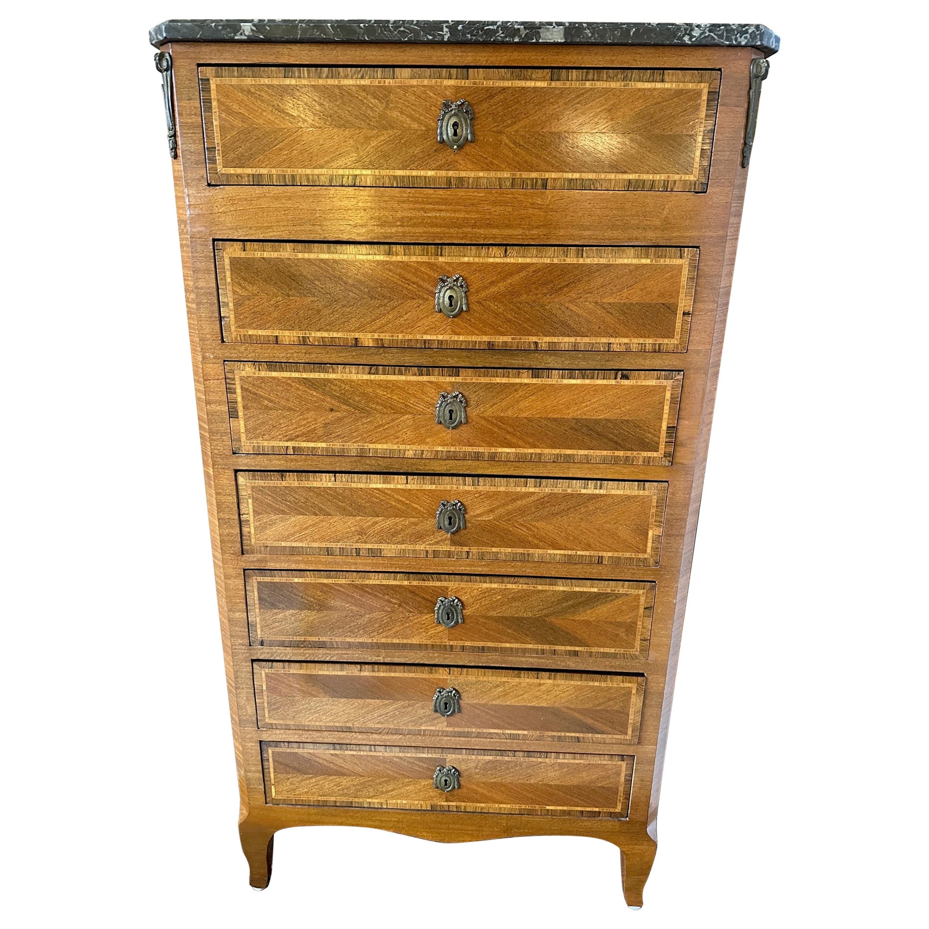 19th Century Mixed Wood Inlaid Lingerie Chest of Drawers with Marble Top For Sale