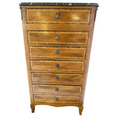 19th Century Mixed Wood Inlaid Lingerie Chest of Drawers with Marble Top