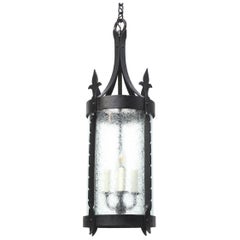 Antique Early 20th Century Wrought Iron Lantern with Curved Textured Glass