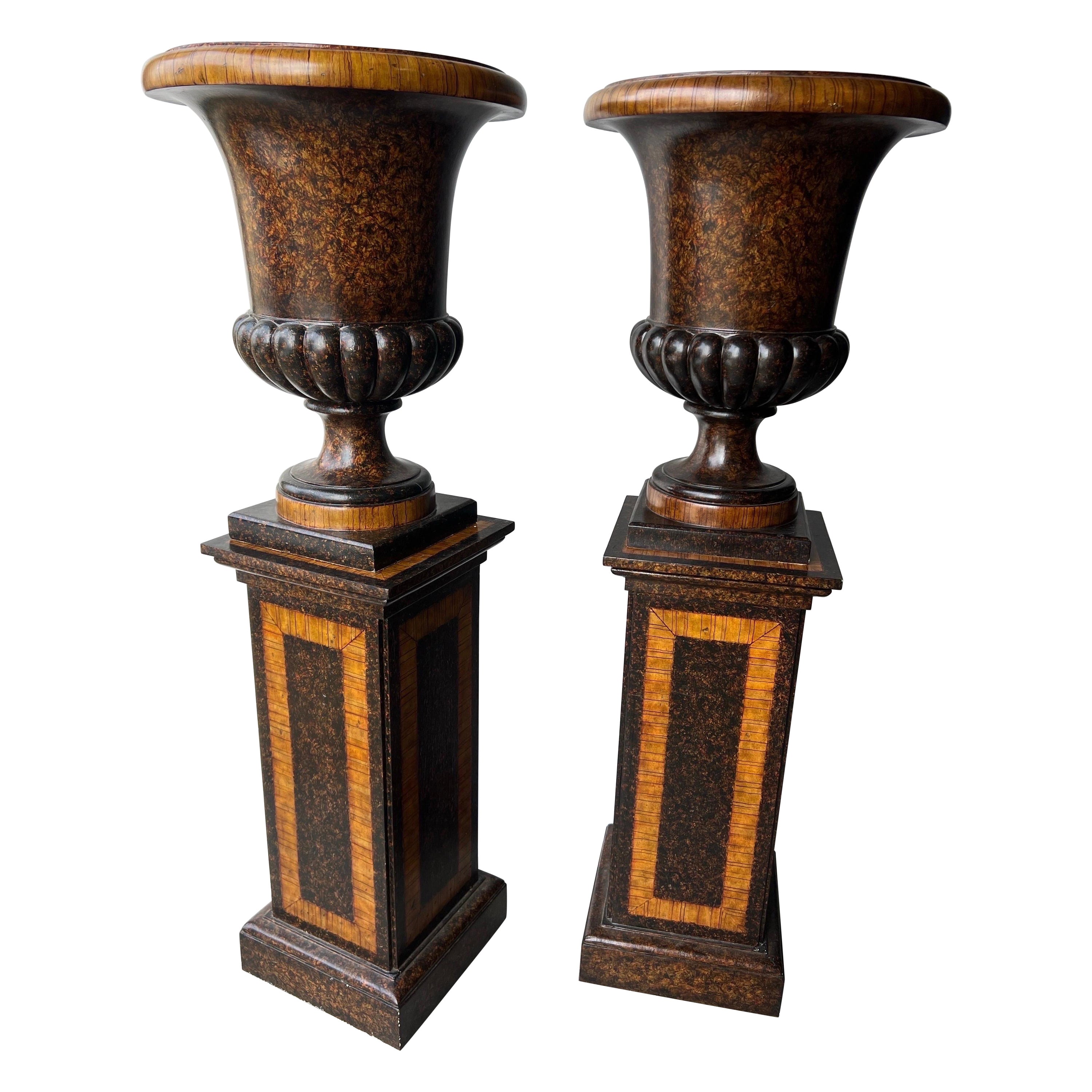 Beautifully decorated pair of faux tortoiseshell interior urns   For Sale