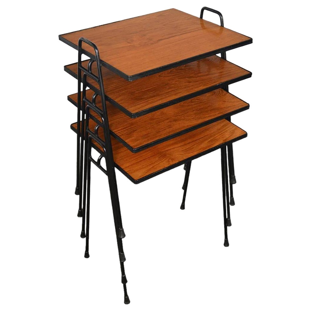 Set of Four Mid Century Stacking Tables in Teak + Iron For Sale