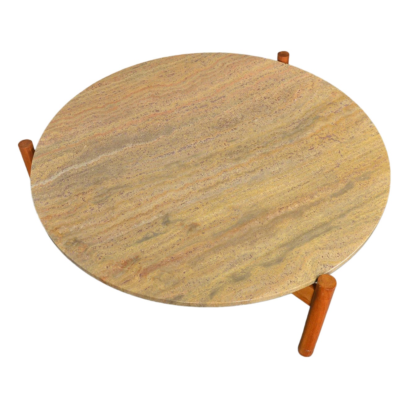 Large Round Marble + Teak Coffee Table For Sale