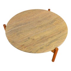 Grande table basse ronde en teck et marbre