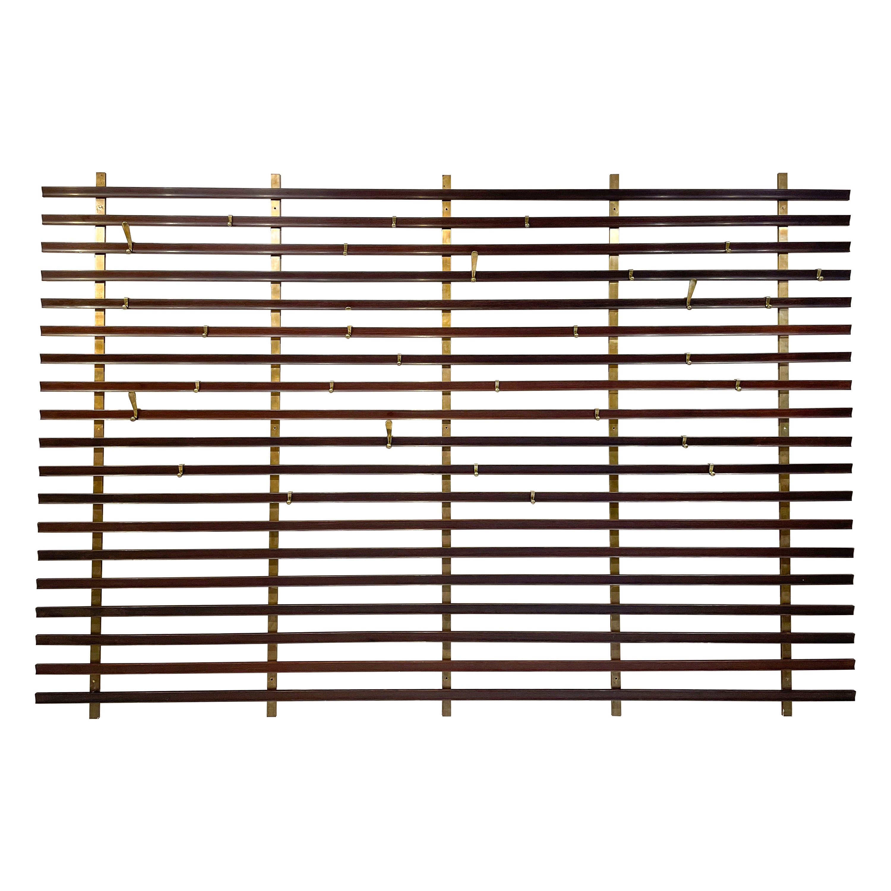 Mid-Century Slatted Coat Rack by Jules Wabbes, Brass Hooks, Belgium, 1950s For Sale