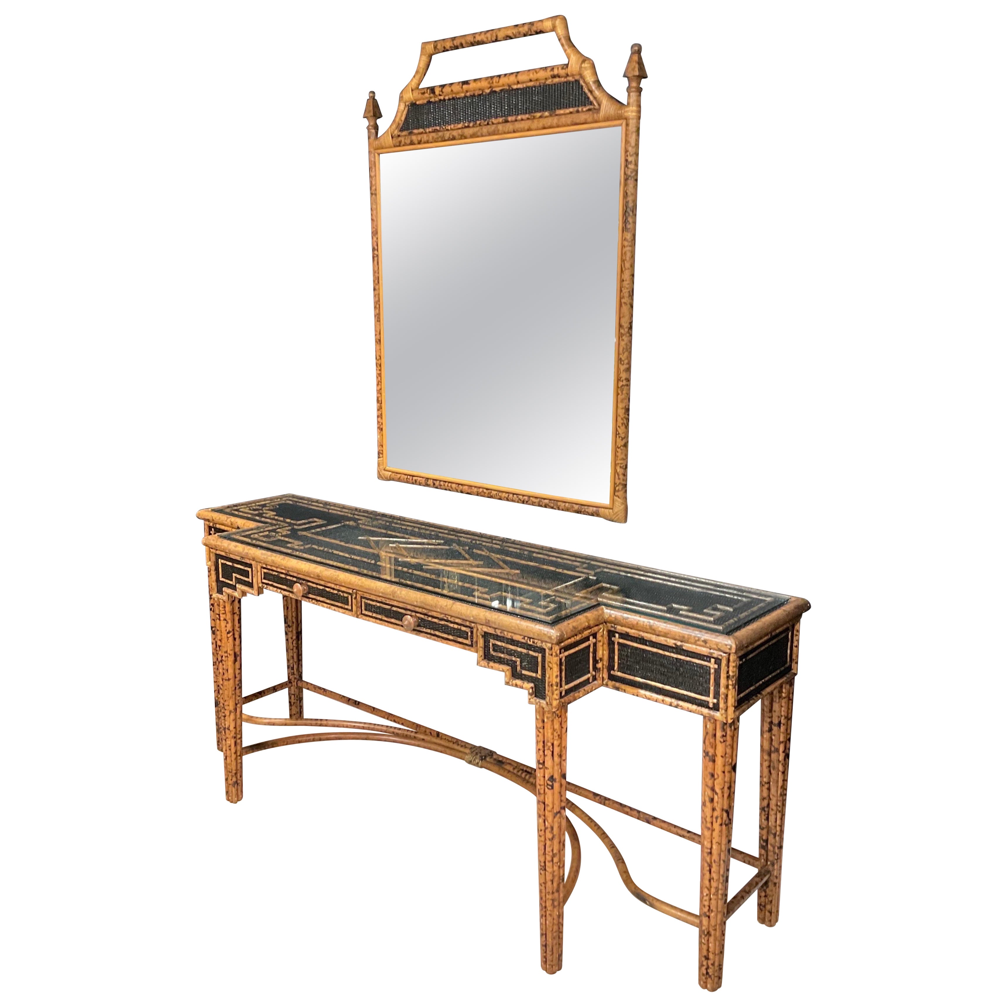 1970s Faux Tortoiseshell Ratan and Bamboo Console Table and Matching Mirror - Se For Sale