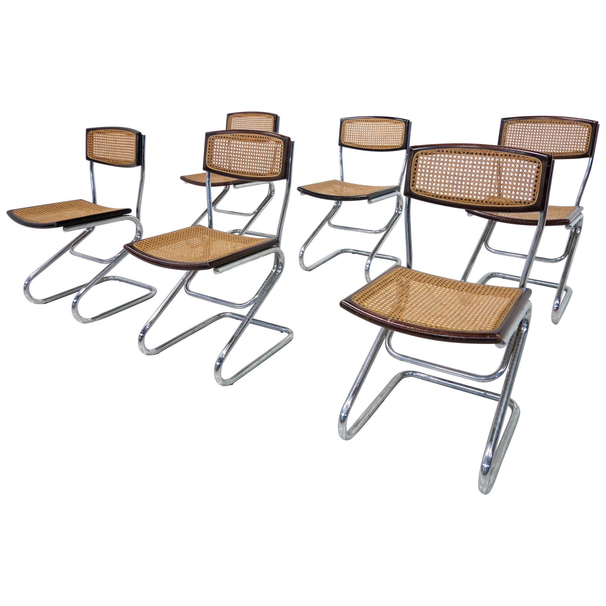 Ensemble de 6 chaises cannées italiennes modernes du milieu du siècle dernier, 1960 en vente