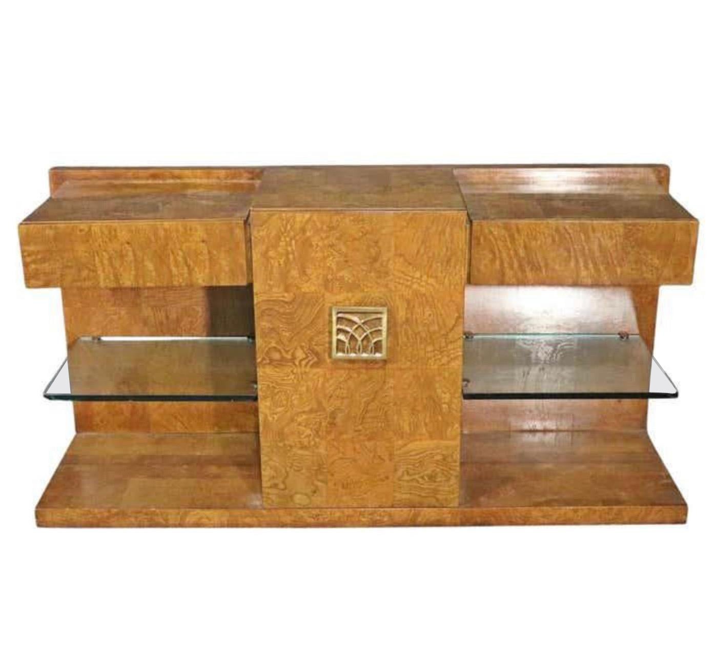 1970's Art Deco Burl Wood Floating Shelf Console by Jay Spectre for Century 