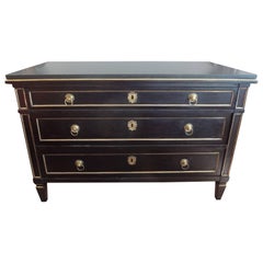 18th Century French Louis XVI Ebonized Commode With Bronze Detail And Marble Top