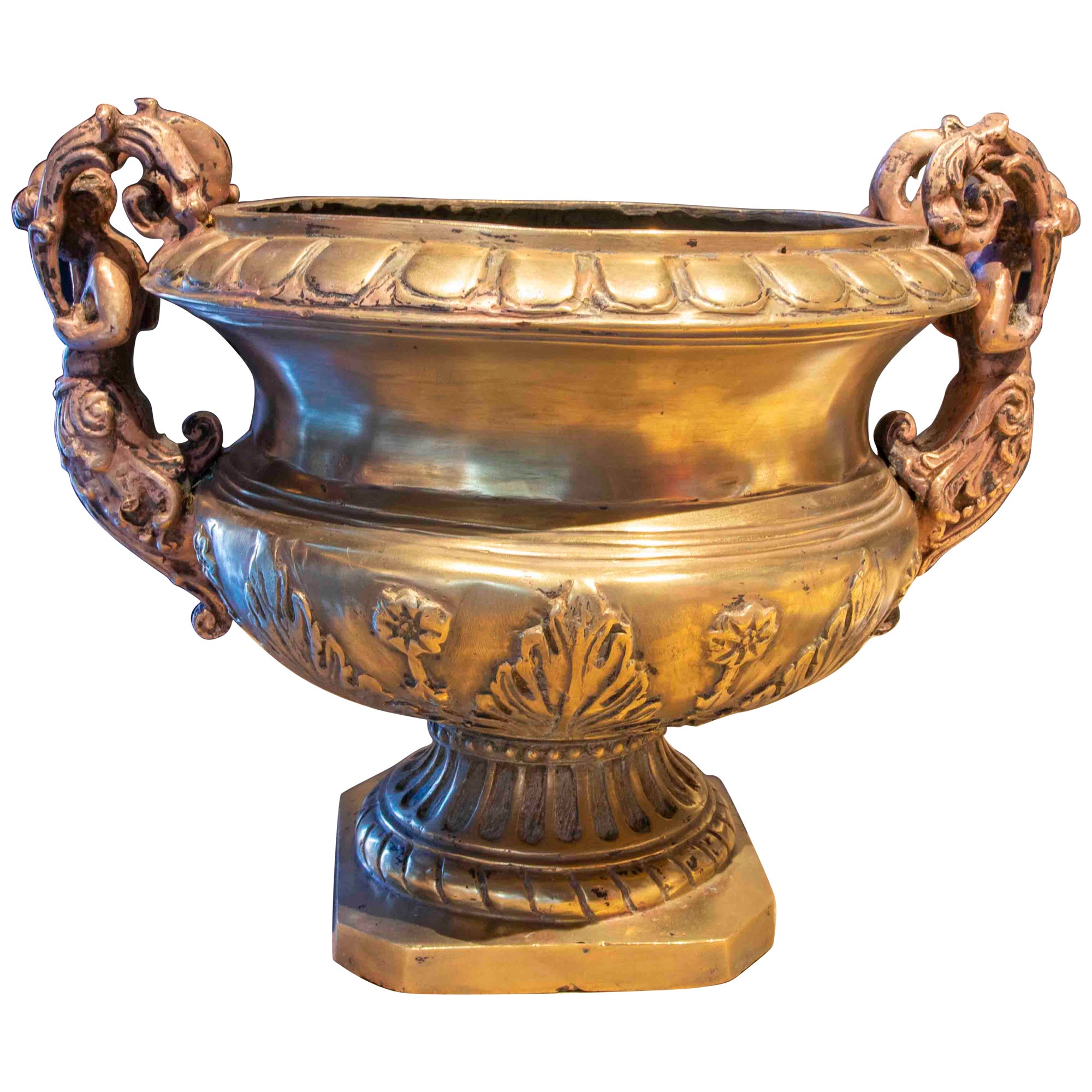 Bronze Cup with Children on Handles, Gadrooned Decorations and Plants For Sale
