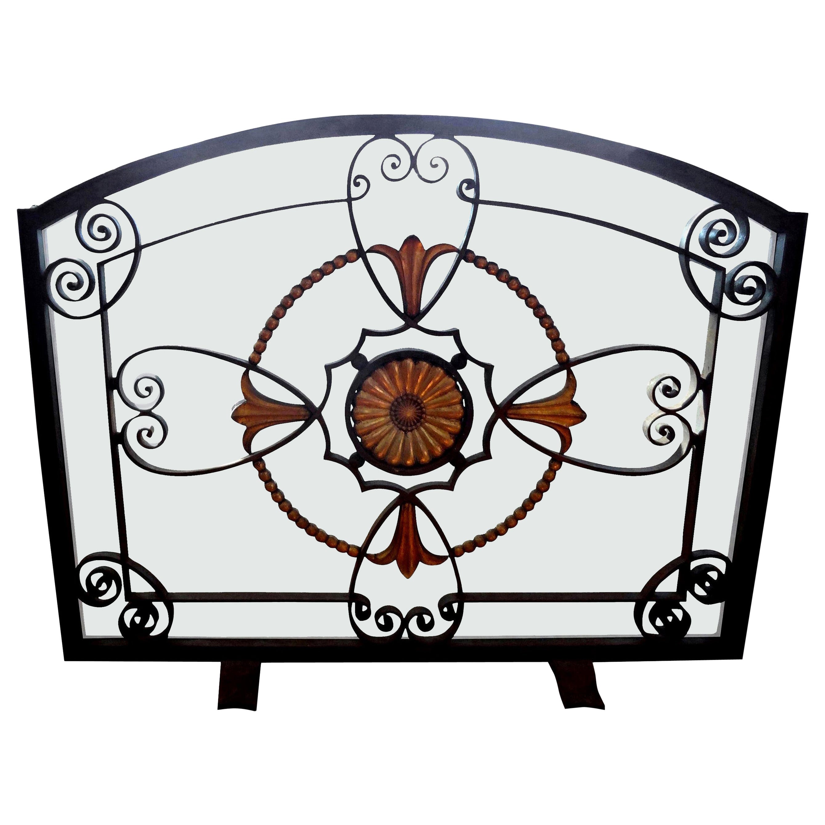 French Art Deco Wrought Iron Fireplace Screen Signed Szabo
