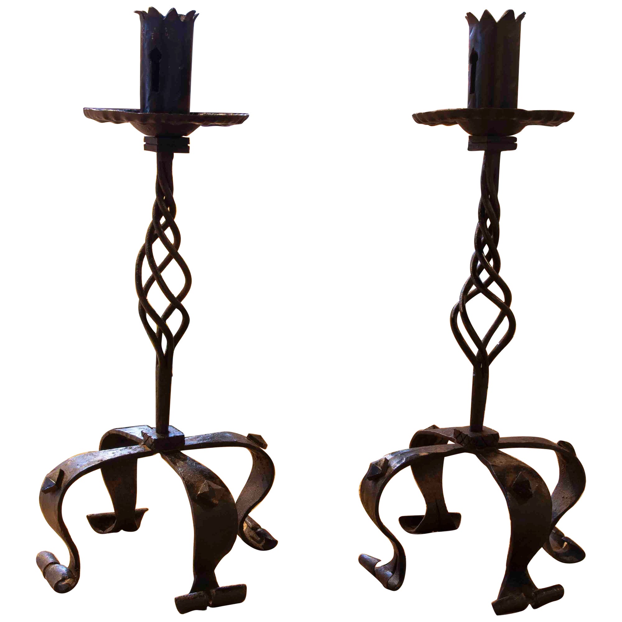 Spanish Pair of Iron Candlesticks with Four Legs For Sale