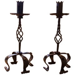 Vintage Spanish Pair of Iron Candlesticks with Four Legs