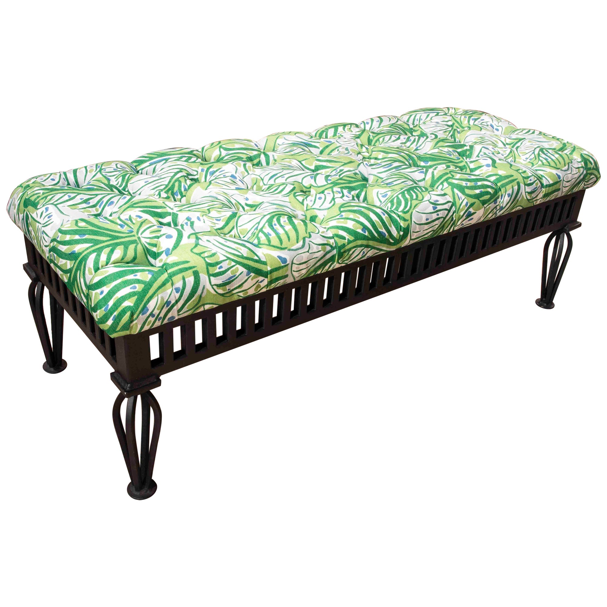 Iron-Framed Bench Upholstered with Christopher Farr Fabric For Sale
