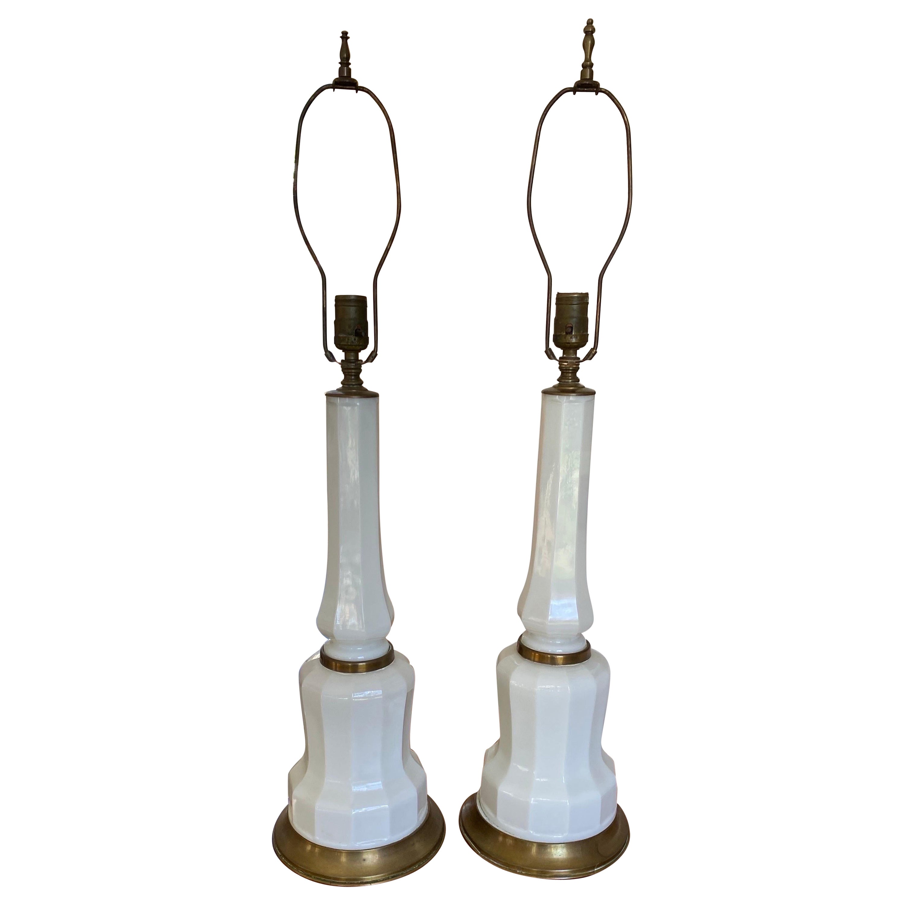 Pair of Early 20th Century English Milk Glass Lamps For Sale