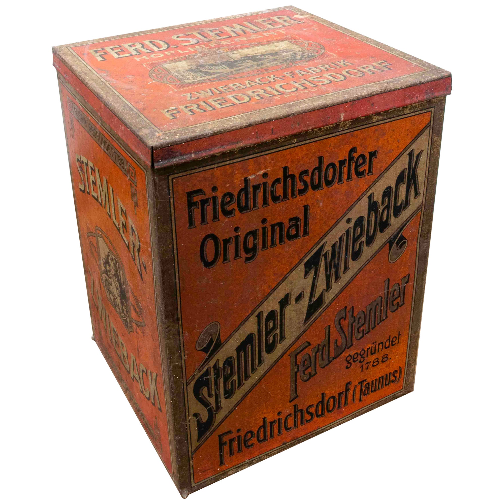 German Tin Food Box, "Fabric Gregünden 1788" For Sale