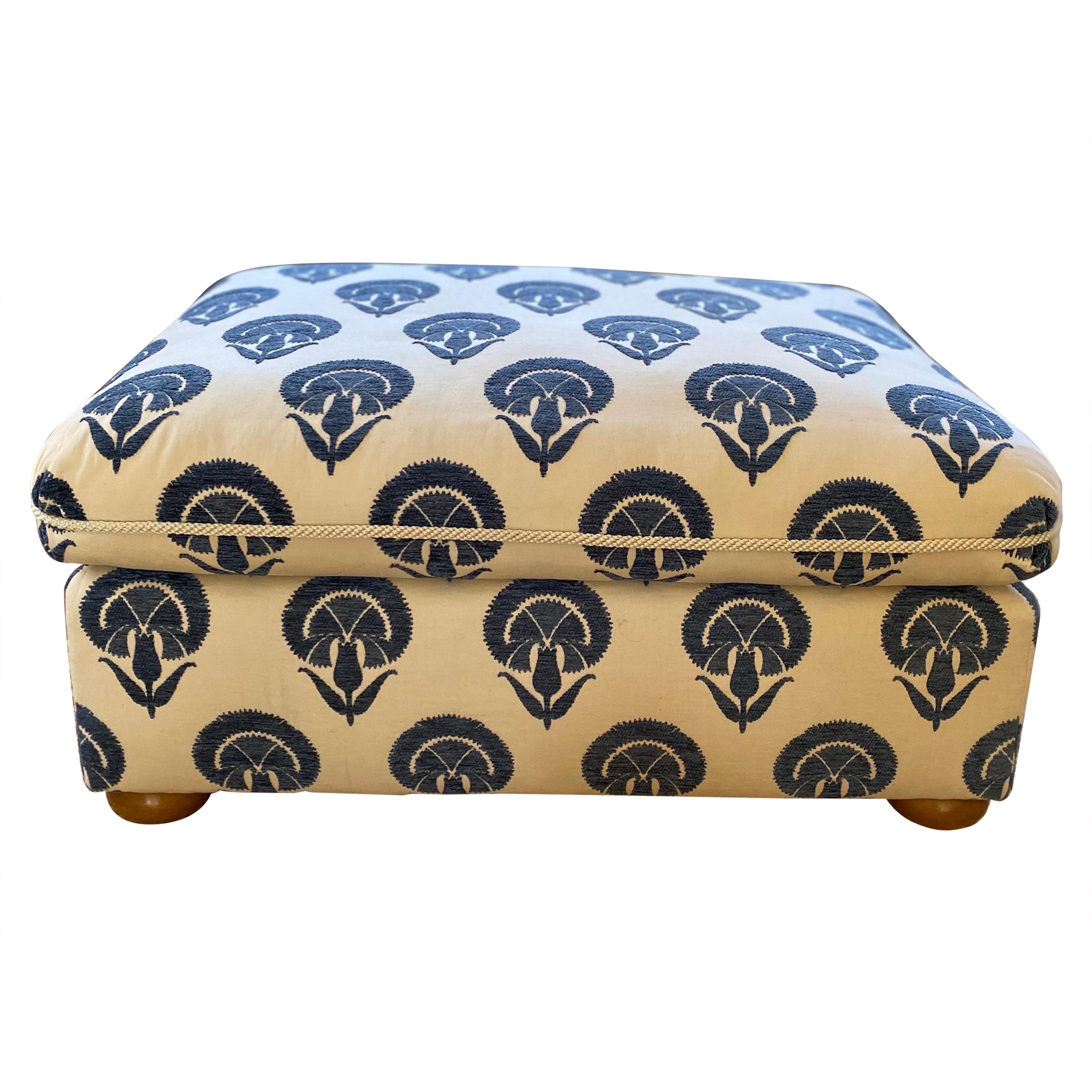 Custom Upholstered Ottoman with Bun Feet in Blue Ottoman Flower Fabric For Sale
