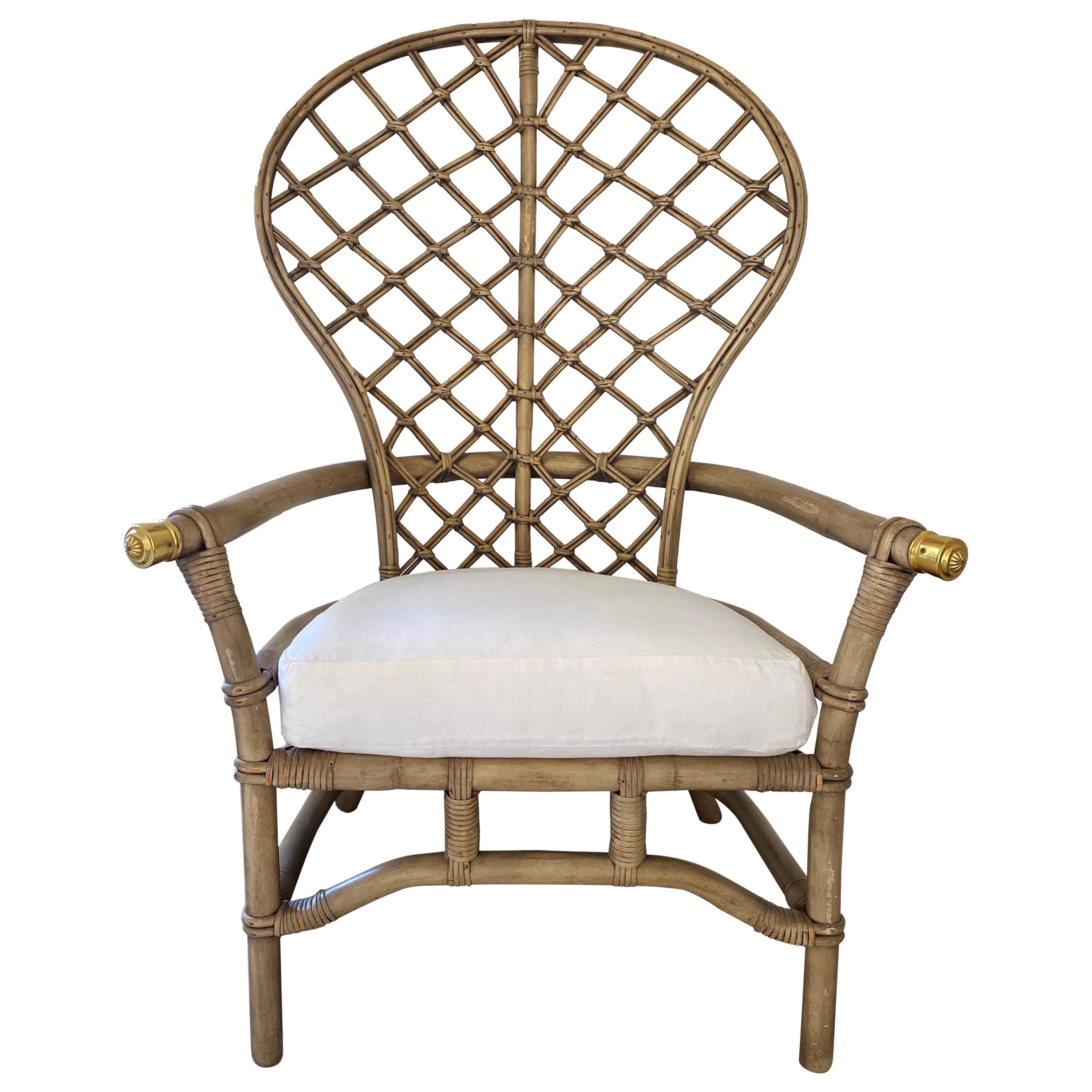 Mid-Century Bamboo Rattan Ficks Reed Peacock Chair with Brass Ends For Sale