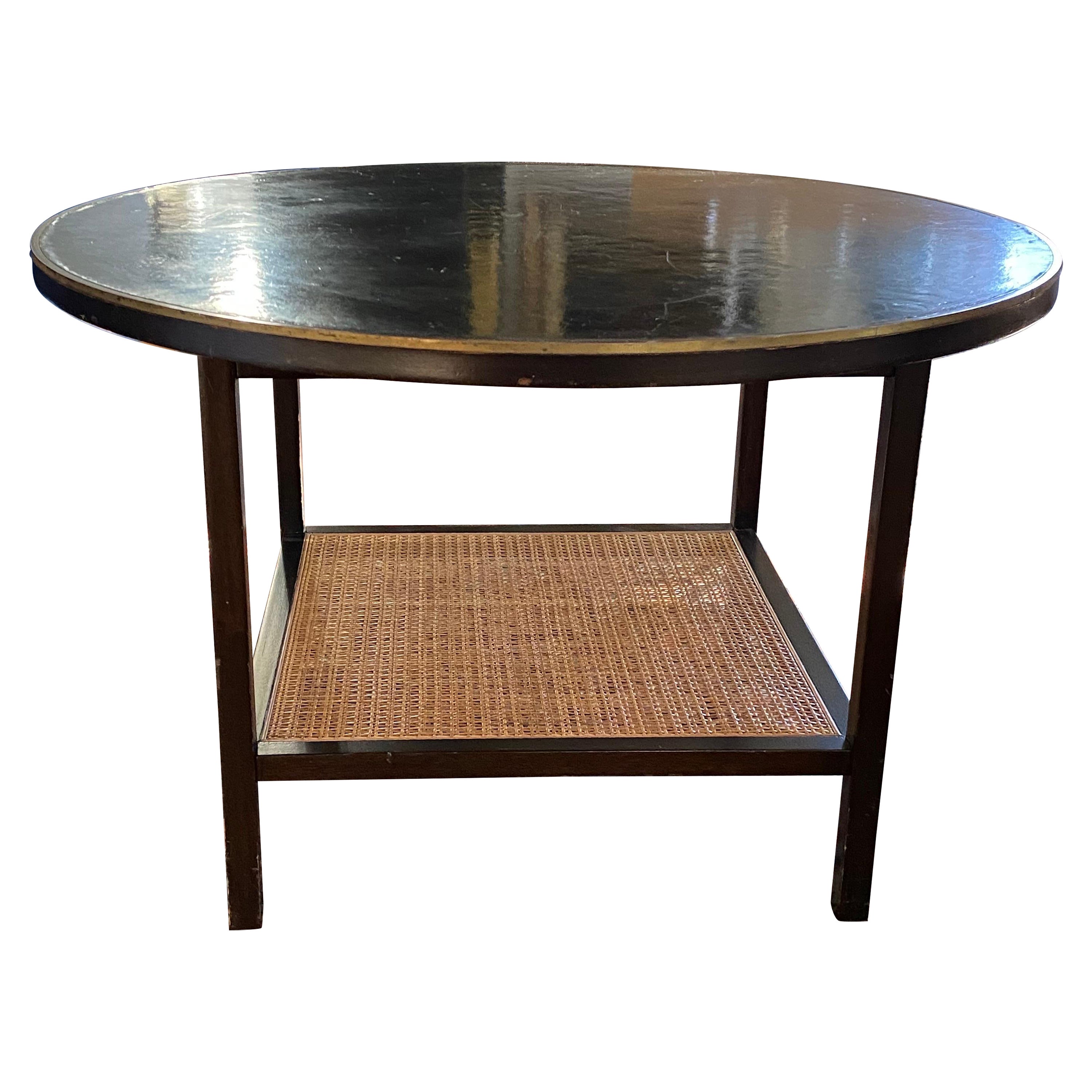 Paul McCobb for Calvin Round Mahogany Table with Reed Shelf & Brass Edge Trim For Sale