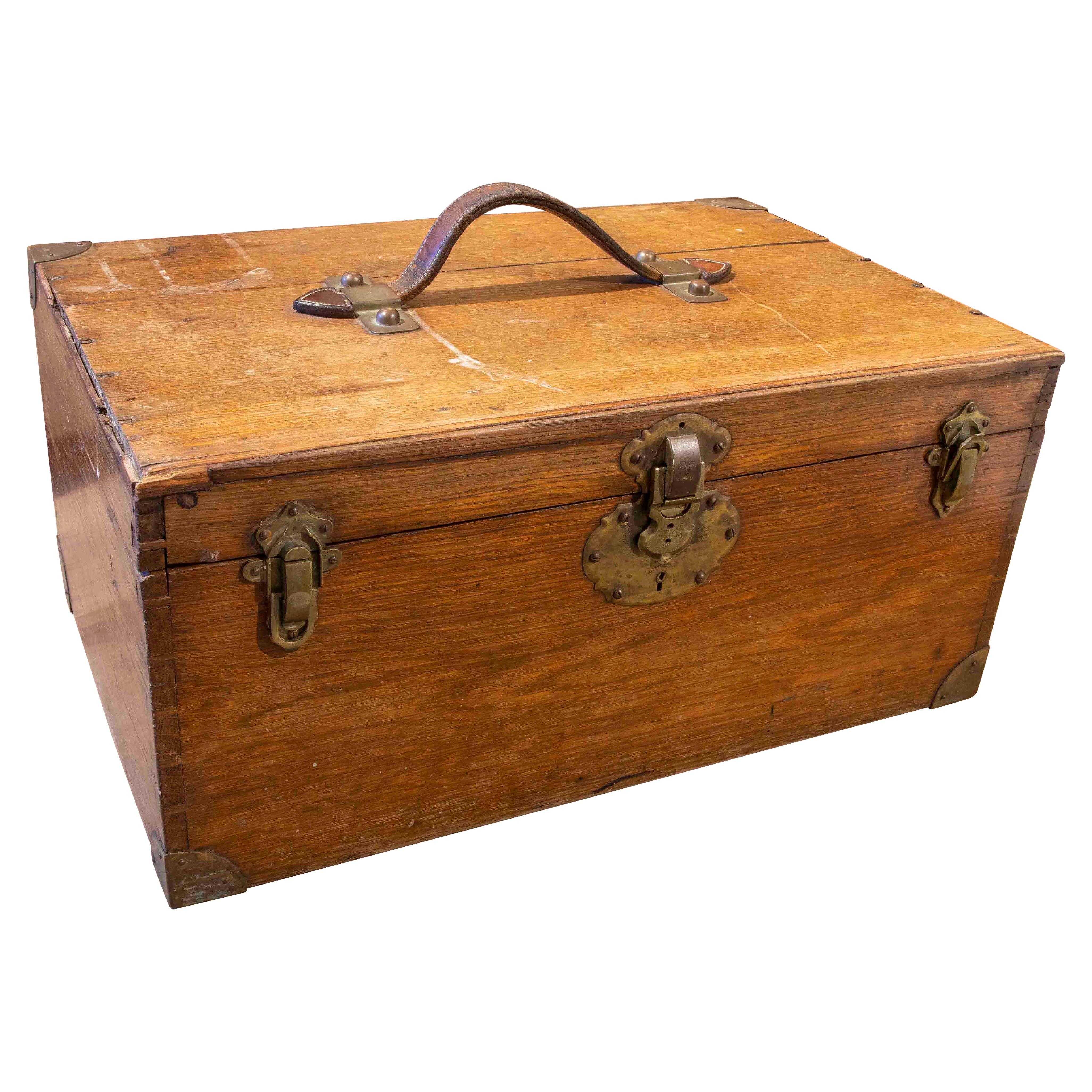 Wooden Ship's Case with Brass Locks and Corners and Leather Handle For Sale