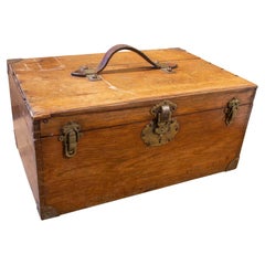 Vintage Wooden Ship's Case with Brass Locks and Corners and Leather Handle