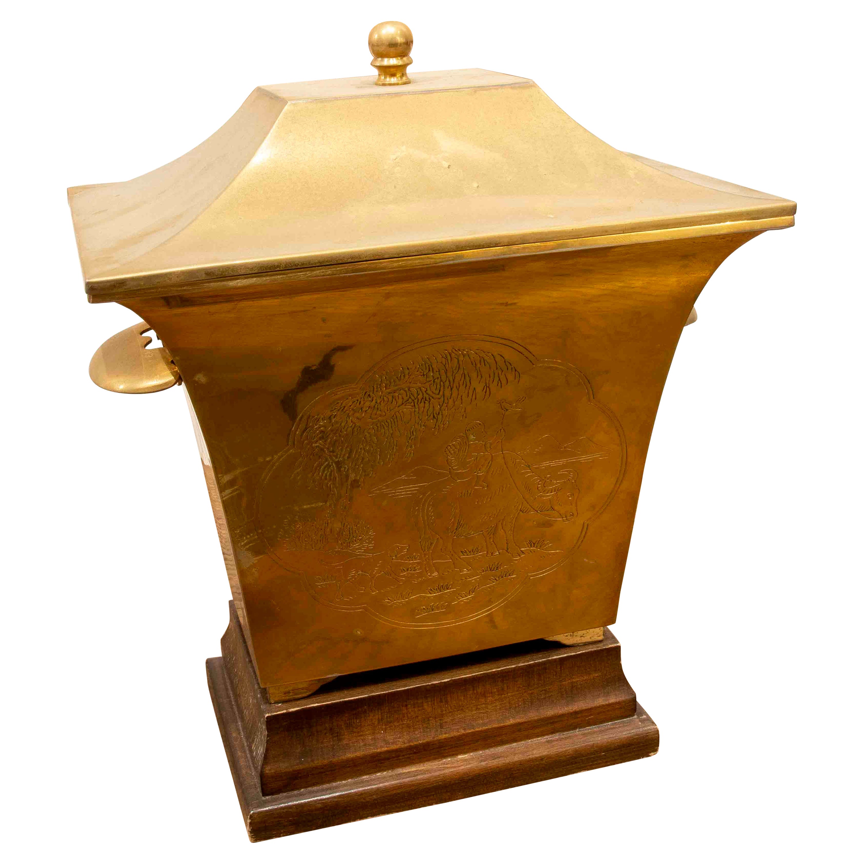 Brass Box with Lid and Handles, Wooden Base and Embossed Decoration on Sides For Sale