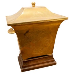 Brass Box with Lid and Handles, Wooden Base and Embossed Decoration on Sides