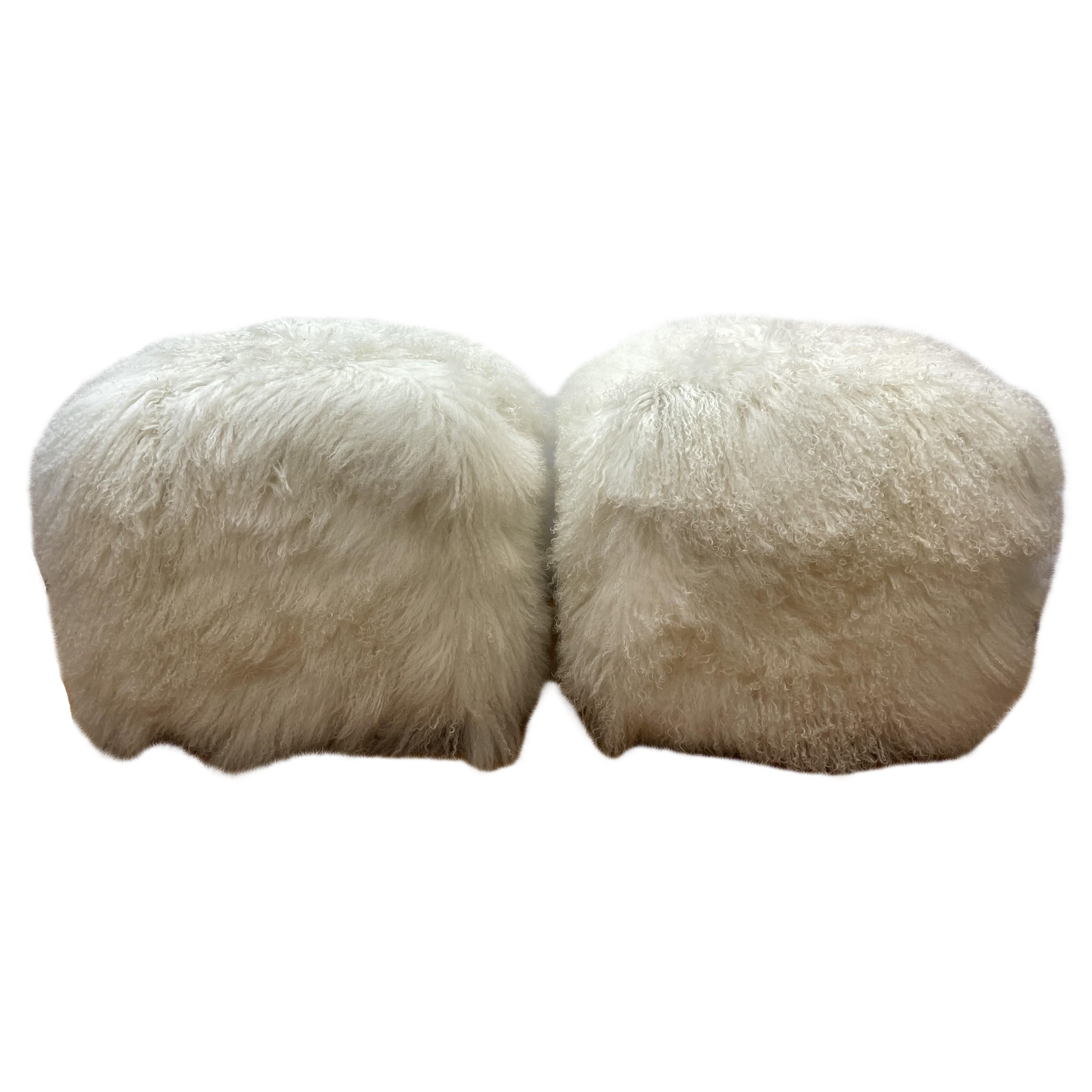 Pair of Mongolian Fur Upholstered Ottomans