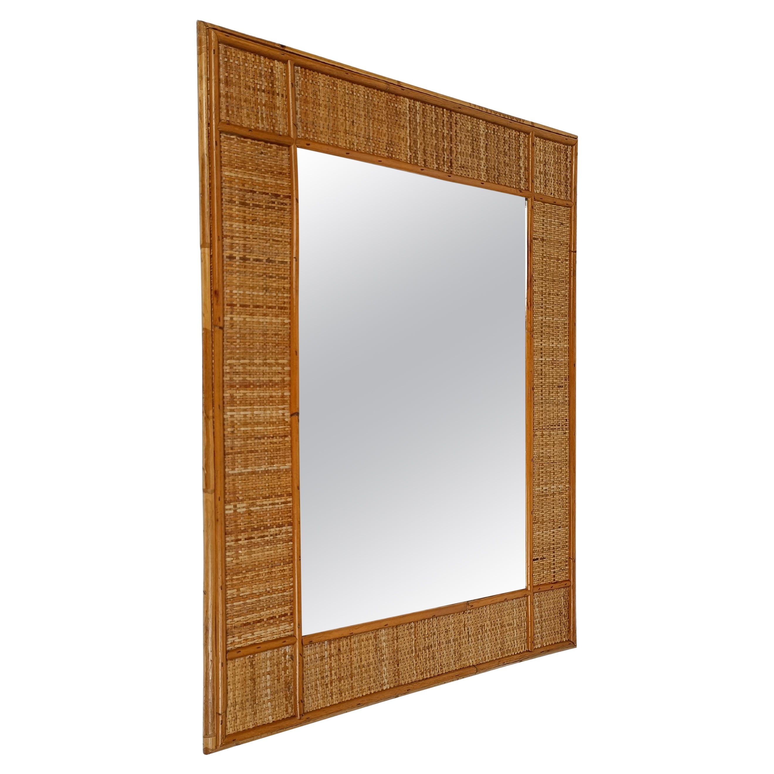 Mid-Century Bamboo and Woven Rectangular Wicker Mirror, Italy, 1970 For Sale
