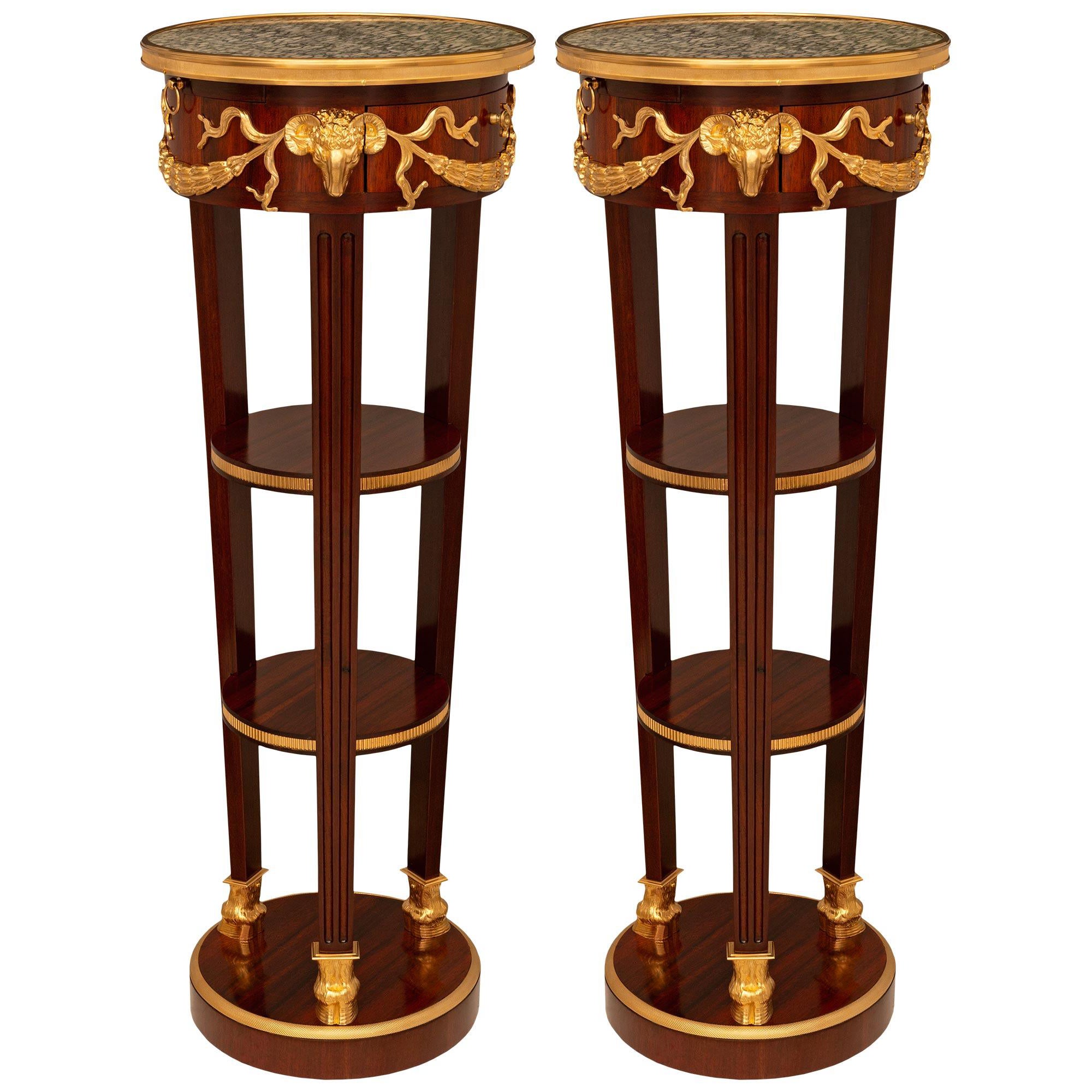 Pair Of French 19th Century NeoClassical St. Mahogany, Ormolu & Marble Pedestals For Sale