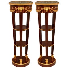 Antique Pair Of French 19th Century NeoClassical St. Mahogany, Ormolu & Marble Pedestals