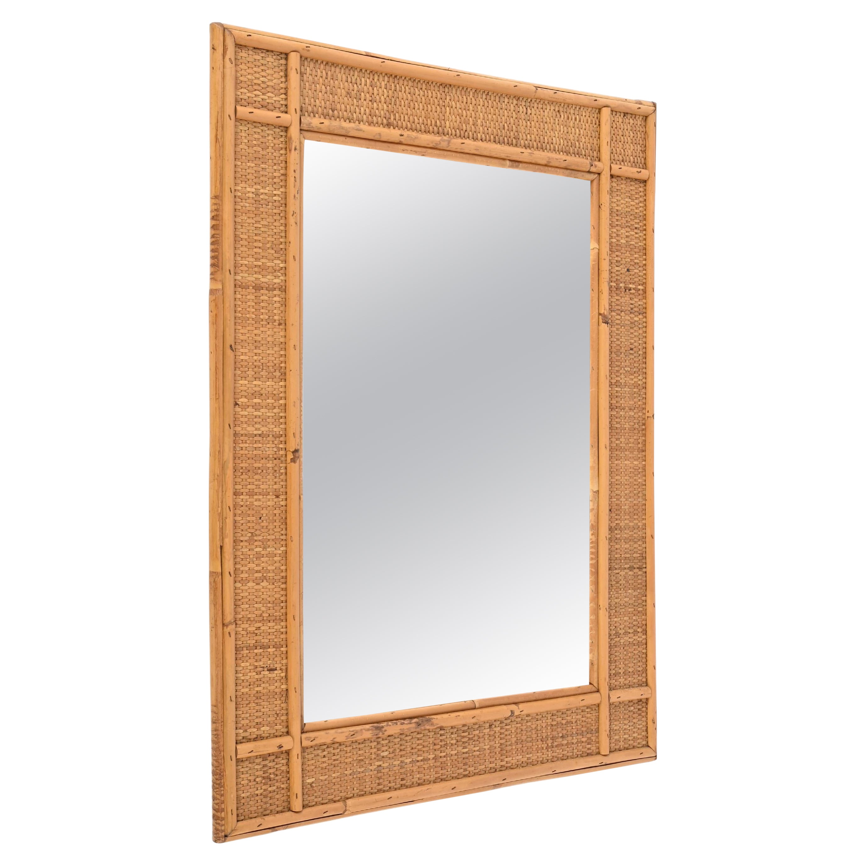 Midcentury Rectangular  Bamboo and Woven Rattan Wicker Mirror, Italy 1970s For Sale