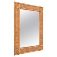 Vintage Midcentury Rectangular  Bamboo and Woven Rattan Wicker Mirror, Italy 1970s