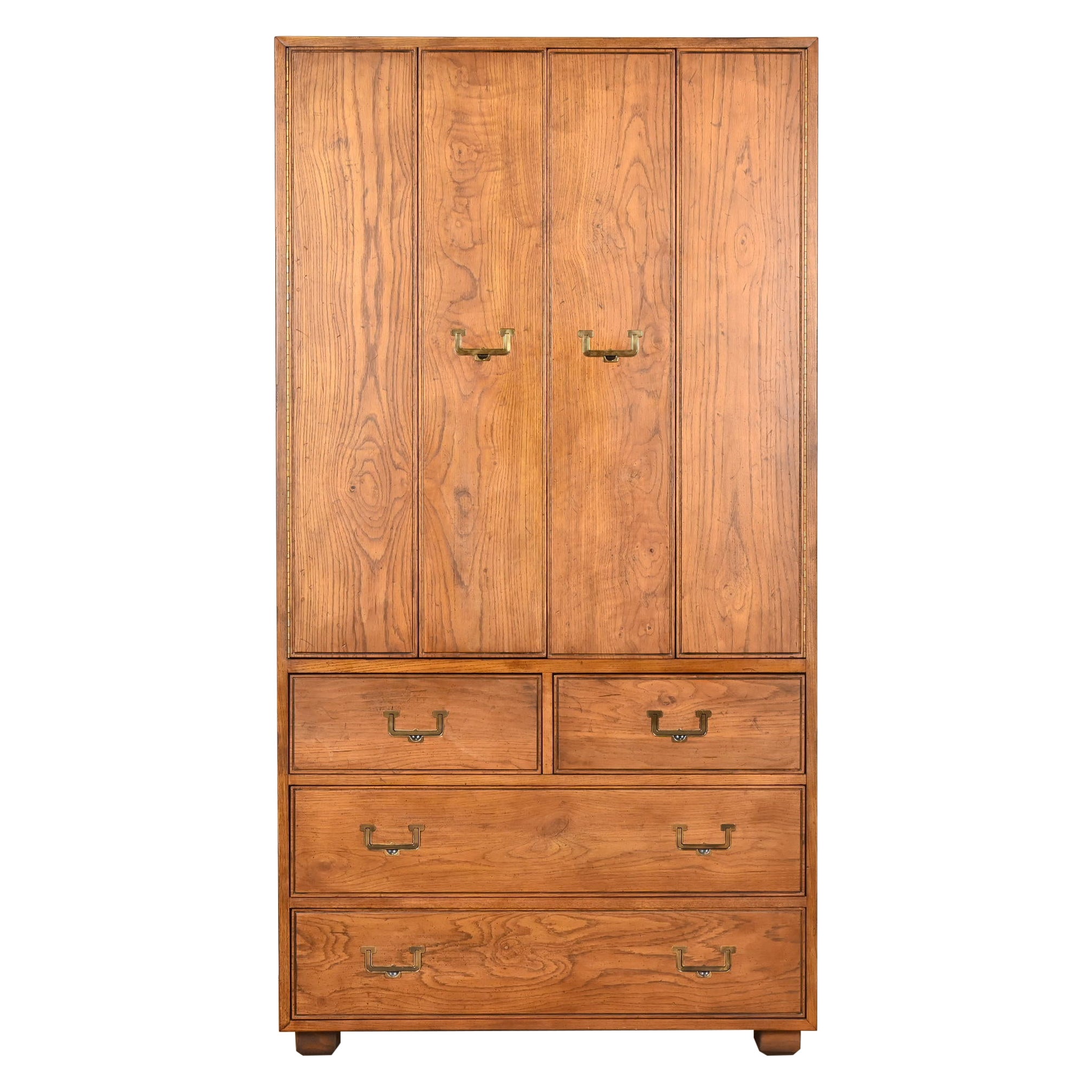 Henredon Mid-Century Modern Campaign Oak Armoire Dresser, Circa 1970s